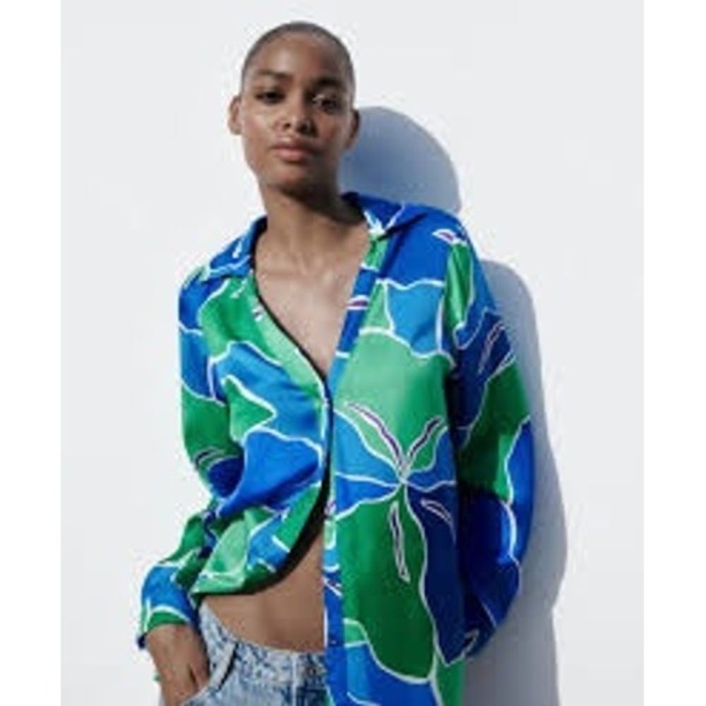 Zara Button Down Shirt Womens XS Blue Green Abstract Floral Satin Blouse